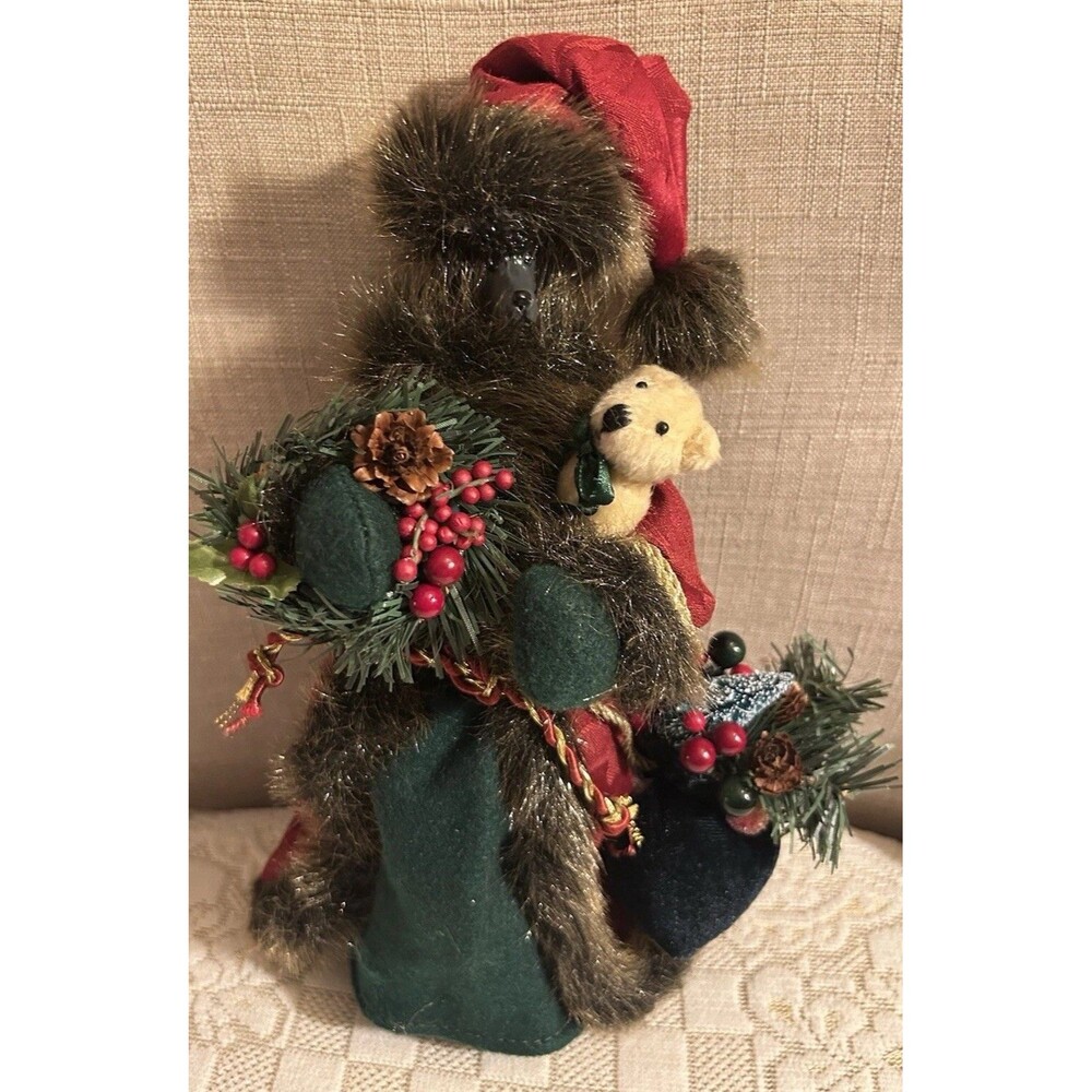 Vintage Black Poodle Dog Santa Tree Topper Red Robe Teddy Bear 12” Unique Plush